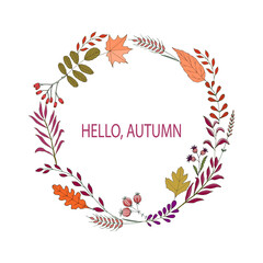 Wreath with red autumn leaves. Hand-drawn vector illustration for background, postcards.