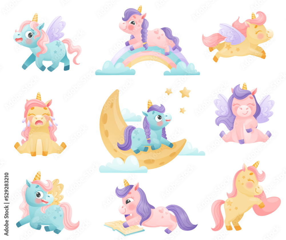 Poster cute unicorn with twisted horn and mane engaged in different activity vector set