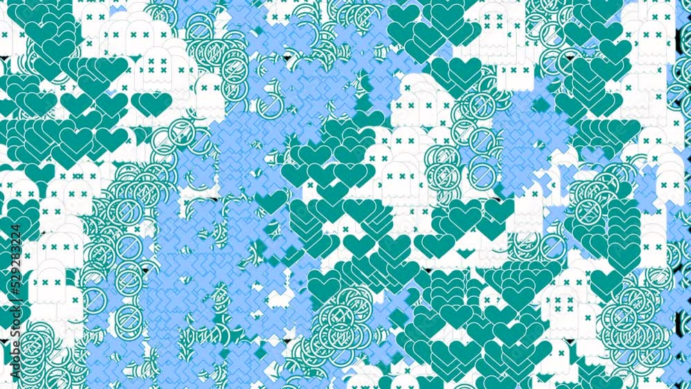 Poster background of many moving icons. design. roundels, crosses and hearts move in background. background