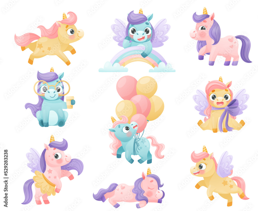 Aufkleber cute unicorn with twisted horn and mane engaged in different activity vector set