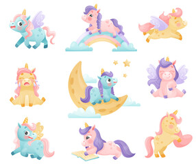 Fototapeta na wymiar Cute Unicorn with Twisted Horn and Mane Engaged in Different Activity Vector Set