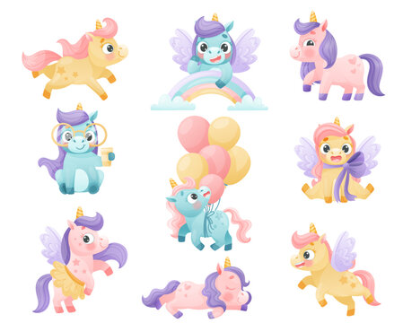Cute Unicorn with Twisted Horn and Mane Engaged in Different Activity Vector Set