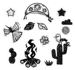 Elements of the northeastern culture of Brazil. Separated vectors in woodcut style