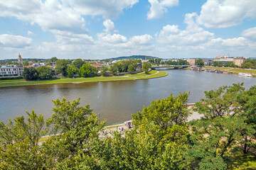 Fototapeta na wymiar Aerial view from The Wawel Royal Castle. A castle residency located in central Krakow. Wawel Royal Castle and the Wawel Hill constitute the most historically and culturally important site in Poland.