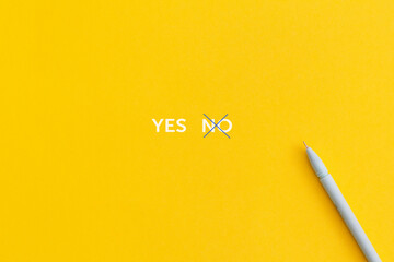 Yes and NO on yellow background. Approving, voting or right decision concept.