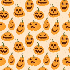 Festive Halloween pumpkins jack lantern, vector seamless cartoon pattern.