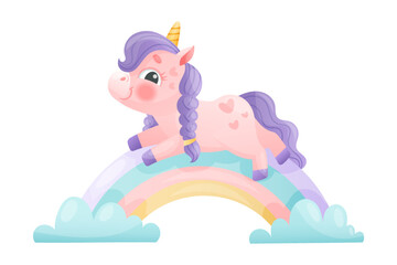 Cute Unicorn with Twisted Horn and Purple Mane Lying on Rainbow Vector Illustration