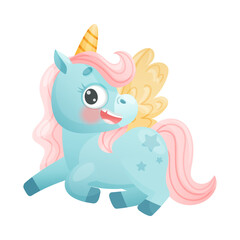 Obraz na płótnie Canvas Cute Winged Unicorn with Twisted Horn and Pink Mane Vector Illustration