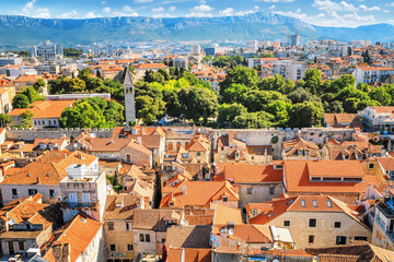 Fototapeta na wymiar Summer cityscape - top view of the Old Town of Split, the Adriatic coast of Croatia