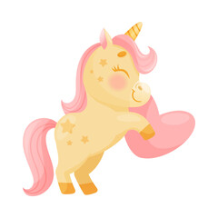 Cute Unicorn with Twisted Horn and Pink Mane Standing on Hind Legs Vector Illustration