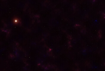 A serene calm scene from an imaginary universe, the space with random tiny stars and a big one on the left.
