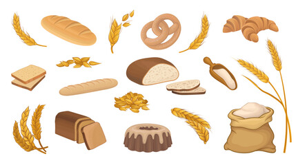 Wheat Bread Product with Spikelet of Cereal Grain Agricultural Crop Big Vector Set