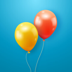 Red and yellow glossy helium balloons on blue background. Decorations for party, holiday, birthday, anniversary. Realistic 3d vector