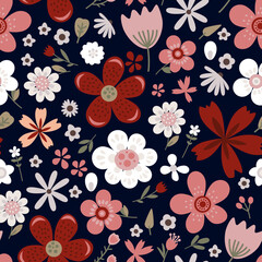 Amazing floral vector seamless pattern of bright colorful flowers in cute vintage style.Beautiful colorful flowers background. Spring primitive texture. Design folk style concept for fashion print.
