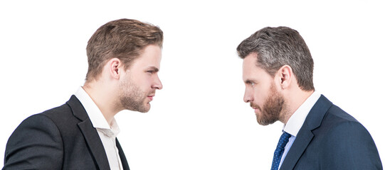 Man face portrait, banner with copy space. two businessmen starring to each other in business...