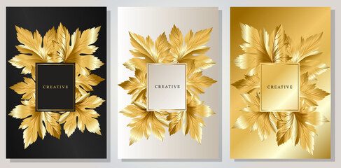 Luxury cover set with autumn leaves. Golden foliage frame on black, platinum and gold background. Modern template brochure