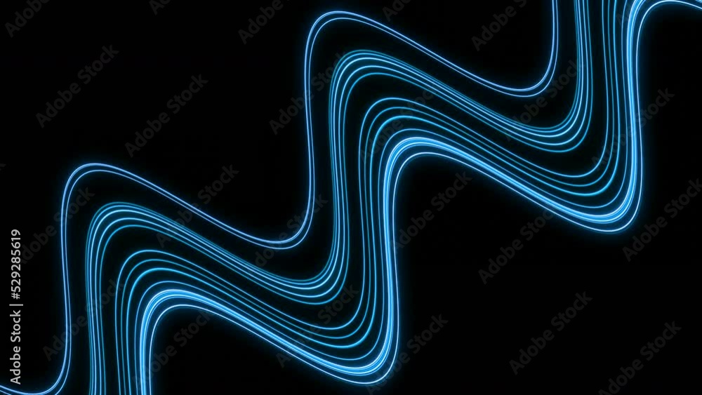 Poster wavy stripe with moving neon lines. design. wavy line moves diagonally on black background. not new 