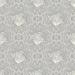 Seamless floral pattern, hand drawn. Luxury Victorian style, sılver swırl pattern, grey background.