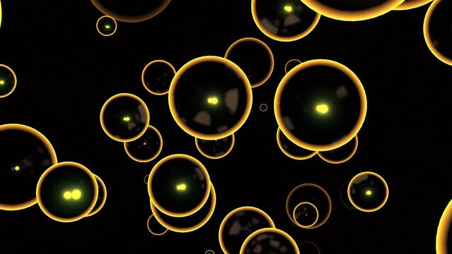 3d bubbles move in stream. Design. Large soap bubbles move in stream on black background. Colored bubbles move brilliantly in stream