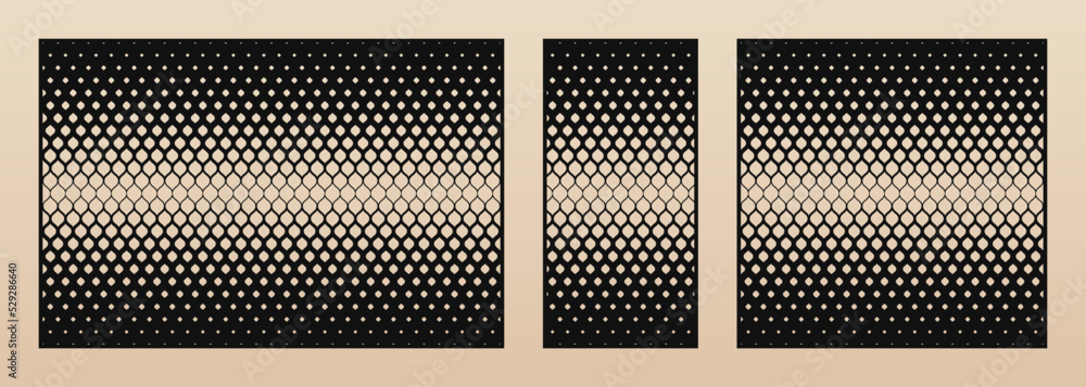 Aufkleber Laser cut pattern set. Vector design with modern abstract geometric ornament, halftone grid, thin mesh. Template for cnc cutting, decorative panels of wood, metal, plastic. Aspect ratio 3:2, 1:2, 1:1