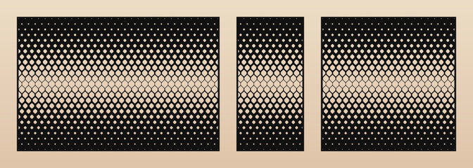 Laser cut pattern set. Vector design with modern abstract geometric ornament, halftone grid, thin mesh. Template for cnc cutting, decorative panels of wood, metal, plastic. Aspect ratio 3:2, 1:2, 1:1