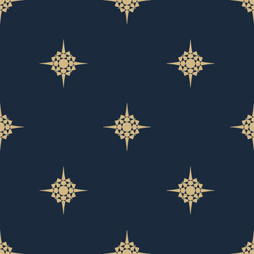 Golden vector geometric texture with stars, diamonds, floral silhouettes. Elegant abstract dark blue and gold seamless pattern. Simple minimal background. Luxury repeat geo design for decor, print