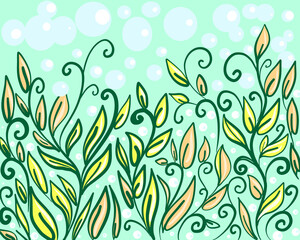 seamless floral pattern yellow leaves on a green pastel background and pastel bubbles around