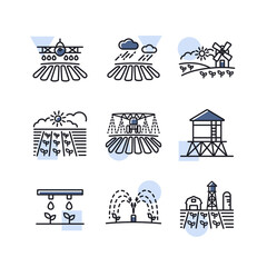 Farm Field isolated icon set.. Agriculture irrigation sign