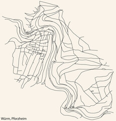 Detailed navigation black lines urban street roads map of the WÜRM DISTRICT of the German regional capital city of Pforzheim, Germany on vintage beige background