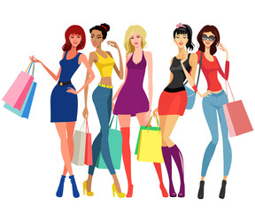 Obraz premium Young female models standing and colorful shopping bags in their hands.