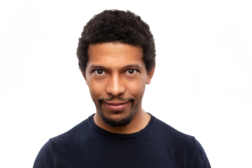 Portrait of young african man dressed in black and isolated on white background