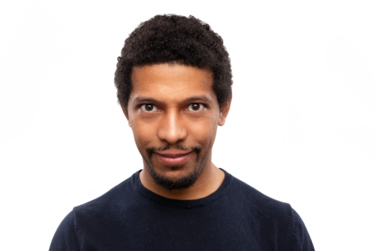 Portrait of young african man dressed in black and isolated on white background