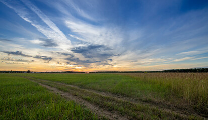 Evening landscape, sunset in the field. Rural agriculture in the evening light.