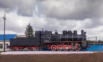 Ukraine - September 16, 2018, Railway station Smorodyne, steam locomotive EM 708-89. Freight steam locomotive was built in 1935. Cyrillic symbols abbreviation MPS - Ministry of Railways in Ukrainian.