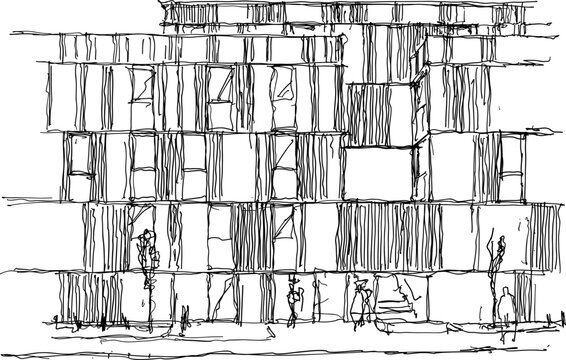 hand drawn architectural sketch of a modern building with wooden cladding, windows and people around