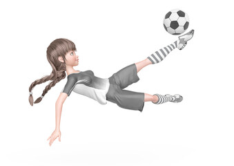 soccer girl is doing acrobatics to kick the ball in white background