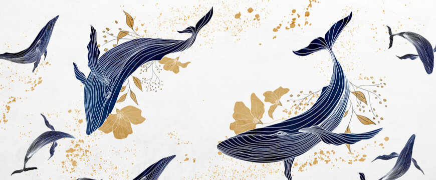 Luxury abstract art background with whales and flowers in blue and gold colors in a watercolor style. Hand drawn vector banner for decoration design, print, wallpaper, packaging, textile, interior.