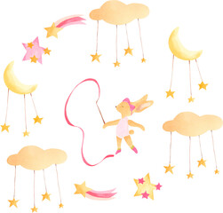 Little Bunny Ballerinas Floral Wreaths - Watercolor pink frames with dancer bunny, pink magic unicorn, pink roses, clouds for little princess girl nursery baby shower invitation, birthday card