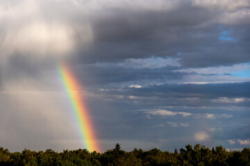 Rainbow colorful sunset on blue pink sky yellow clouds skyline. blue sky with white clouds - perfect for sky replacement	