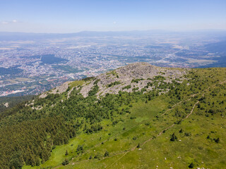 Fototapeta premium Aerial view of Vitosha Mountain near Kamen Del Peak, Bulgaria