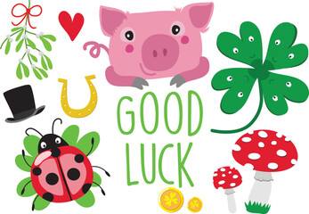 Fototapeta premium a collection of lucky symbols. happy and cute fortune charms.