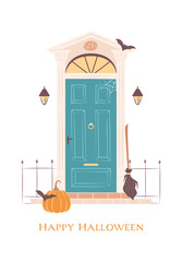 Happy Halloween night party. Vector illustration of house front door decorations with Halloween pumpkin, witch broom, bat, spider web. Design template for greetings card, web banner, invitations