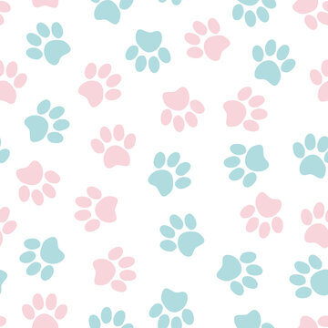 Seamless pet paw pattern. Cat or dog footprint on white background. Vector illustration. It can be used for wallpapers, wrapping, cards, patterns for clothes and other.