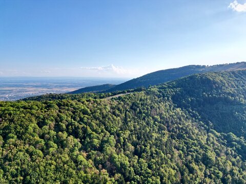 Aerial view of Vieil Armand, the Hartmannswillerkopf, in the Alsace mountains, close to sunset on a beautiful summer day