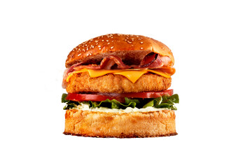crispy chicken bacon burger isolated on transparent background