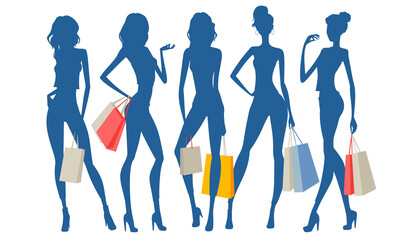 Silhouettes of girls standing with shopping bags. Cartoon style 