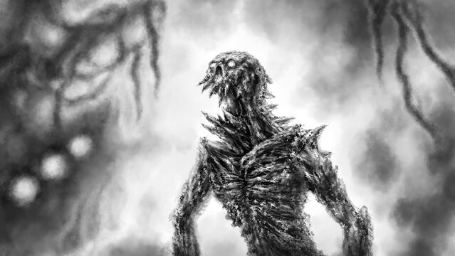 Evil alien mutant in spacecraft wreckage. Scary halloween flashy monster. Illustration in horror fiction genre. Spooky image of beast from nightmares. Gloomy character concept art. Black and white.
