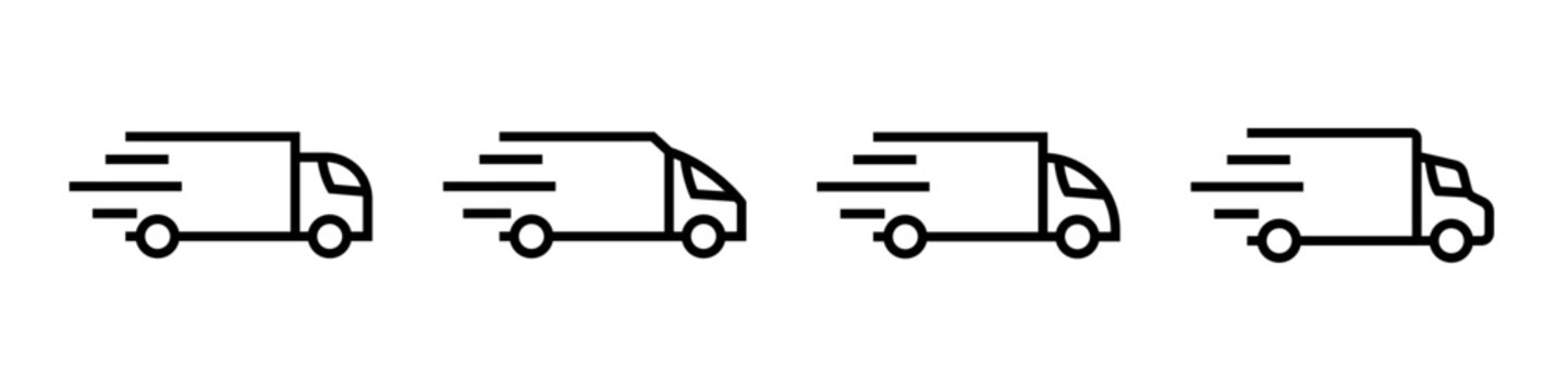 Conjunto de icono de cami&oacute;n de entrega y transporte. Cami&oacute;n de reparto. Entrega gratuita, atenci&oacute;n 24 horas. Ilustraci&oacute;n vectorial