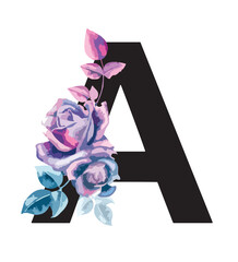 Single A letter with beautiful floral elements. alphabet with beautiful pink and indigo blue roses. Isolated on white background, editable. Signs and symbols, rose element. logo, floral, symbol