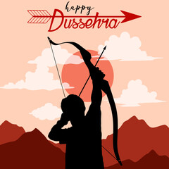 Happy Dussehra Navratri festival of India. Vector illustration with text Happy Dussehra, person with bow and arrow for banner, logo, poster, wallpaper design. Hindu holiday Vijayadashami.